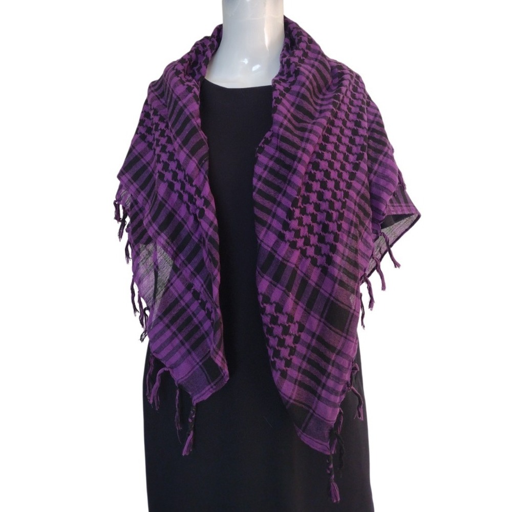 Unbranded Scarf Wrap Pashmina Black Purple Plaid Herringbone Gauze Fringe 42X36‎